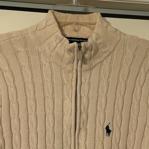 RALPH LAUREN Sz XL Cream Cable Knit with Embroidered Logo Zipper Sweater - Picture 3 of 7